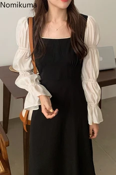 Nomikuma Halat Mujer de Contrast Culoare de Epocă Rochie coreeană Femei Pătrat Guler Maneca Lunga Slim Talie Rochii Lady Vestidos 3c879