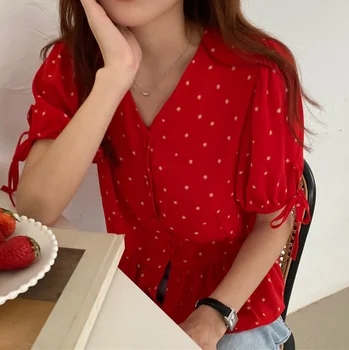 Nouă primăvară Epocă Tricou roșu de sex feminin Supradimensionat Topuri Femei maneca scurta Fete Bluza de Vara Femei, Plus Dimensiune Bluze femme Blusas
