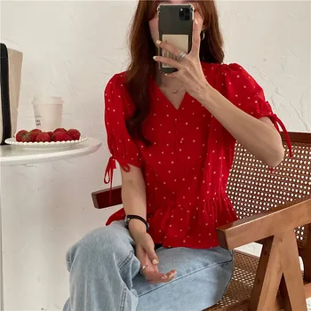 Nouă primăvară Epocă Tricou roșu de sex feminin Supradimensionat Topuri Femei maneca scurta Fete Bluza de Vara Femei, Plus Dimensiune Bluze femme Blusas