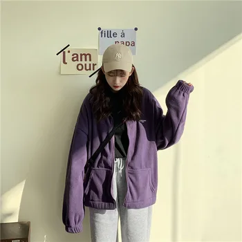 DeRuiLaDy Zip Fleece Student Fete Hanorac Femei Hanorace de Iarna Vintage Îngroșa cu Fermoar Haină cu Glugă Harajuku Imprimare Palton