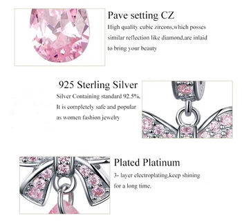 Autentic Argint 925 Roz Bowknot Picăturii CZ Farmecele de Cristal Pandantiv cu argint Lanț Coliere Bijuterii
