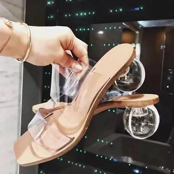 Vara Cristal Geometrice Toc Femei, Papuci, Pantofi, Sandale Transparente din PVC Square Toe Mingea Toc Slide Sandalias Mujer 2020 iol9