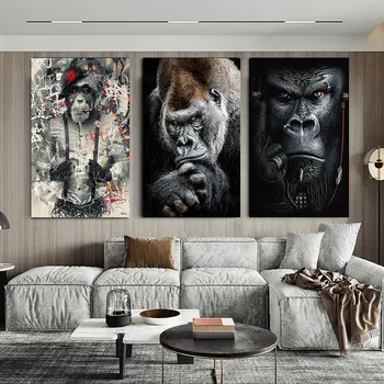 Maimuțele Ascult Muzica de Animale Arta de Perete animale Poster Print Abstract Tablouri Canvas Nordic Imagine Pentru Camera de zi