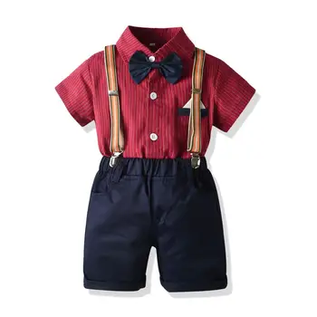 Formal Haine pentru baietel Papion Costum Set de Vara Tricou Roșu Frumos Maneca Scurta Tricou cu Dungi pantaloni Scurți Copii Costum