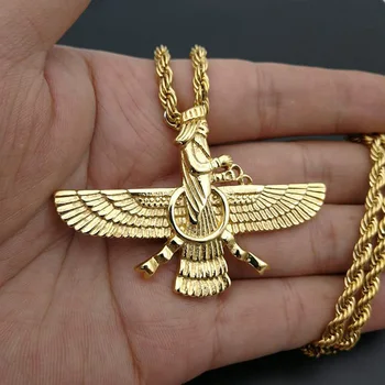 Hip-Hop Rock Iran Faravahar Ahura Mazda Pandantive Coliere pentru Barbati de Culoare de Aur 316L din Oțel Inoxidabil Zoroastrian Bijuterii Cadou