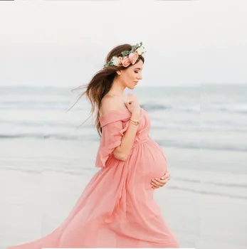 Maternitate Pe Umăr Sifon Rochie Maxi Lung Fotografie Rochie Gravide Haine rochie de plaja de Lux Sarcină Foto Recuzită Trage