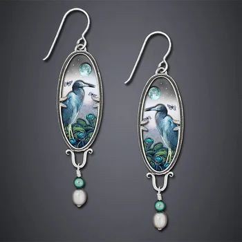 Noi, Creative Pasărea Retro Flower Blue Heron Cercei 2020 Moda pentru femei White Pearl Cercei