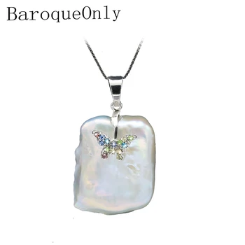 BaroqueOnly baroc naturale de apă dulce pearl colier pandantiv AAA Zircon Bijuterii încrustate cu Diamante argint fluture de design PJ
