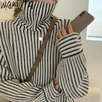 WAKUTA Noi 2020 Femei Rochii Midi Eșarfe cu Dungi Highneck Direct de Tricotat Pulover Elegant Liber coreean Trendy de zi cu Zi Doamnelor