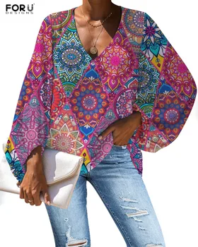 FORUDEGINS Art Mandala cu Flori Model de Imprimare Bluza Femei Tricou Lady Top Șifon V-Neck Maneca Lunga Confortabil Stil Nou