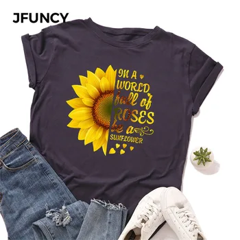 JFUNCY Plus Dimensiune Bumbac de Vara Tricou de Floarea-soarelui Tipărite Femei T-Shirt cu Maneci Scurte Femeie Tee Topuri de sex Feminin Pierde T Shirt