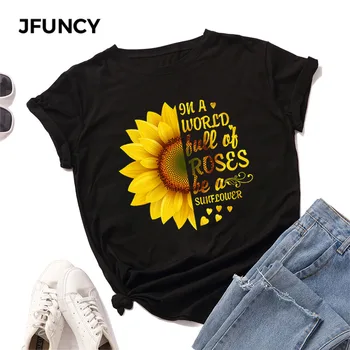 JFUNCY Plus Dimensiune Bumbac de Vara Tricou de Floarea-soarelui Tipărite Femei T-Shirt cu Maneci Scurte Femeie Tee Topuri de sex Feminin Pierde T Shirt