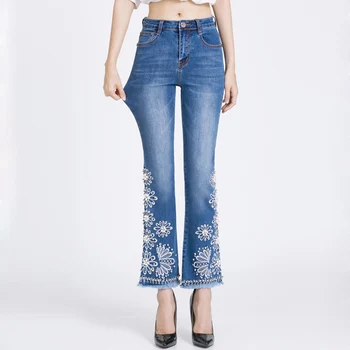 FERZIGE Brand 2019 ștrasuri din Mărgele Broderie Frumoasă Flare Pantaloni Femei Casual, Blugi Skinny Streetwear Plus Dimensiune Domnișoară Pantaloni Albastru