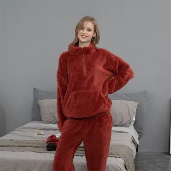 Femei Iarna Homewear Gros Flanel Cald Set De Pijama Cuplu De Lână De Iarnă Lounge Purta Pijamale Flanel De Sex Feminin Costum De Haine De Acasă