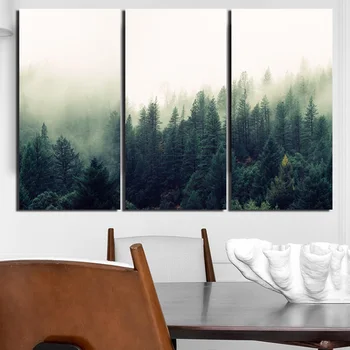 Nordic Decor Ceață Pin Peisaj Postere Si Printuri 3 Panouri De Perete De Arta Canvas Tablou Pentru Camera De Zi De Decorare Acasă