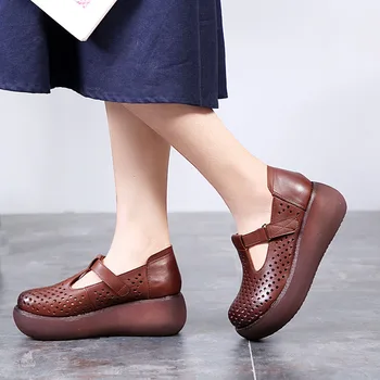 DRKANOL Moda Pantofi lucrați Manual Femeie 2019 Vintage din Piele Femei Plat Platforma Pantofi Respirabil Casual Pantofi de Vara