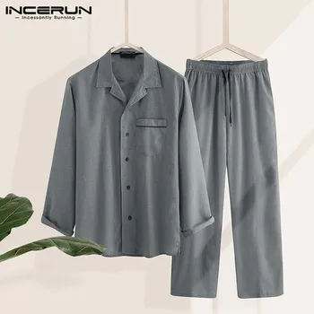 INCERUN Moda pentru Bărbați Seturi de Pijamale de Culoare Solidă Homewear Rever Maneca Lunga Body Camasa si Pantaloni Casual Pijamale Barbati Seturi 2021