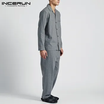 INCERUN Moda pentru Bărbați Seturi de Pijamale de Culoare Solidă Homewear Rever Maneca Lunga Body Camasa si Pantaloni Casual Pijamale Barbati Seturi 2021