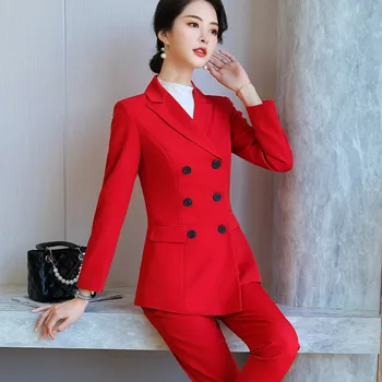 Afaceri de moda Pantaloni Roșii Costum Femei Temperament Dublu Rânduri Maneca Lunga Jachetă și Pantaloni Office Doamnelor Formale Uzura de Muncă