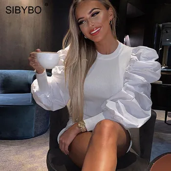 Sibybo Iarna Îmbinat Cu Nervuri Slim Casual Femei Topuri De Moda Cu Maneci Lungi Doamnă Elegant T-Shirt Vintage De Toamna Cămașă Tee