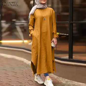 ZANZEA 2021 Elegant Musulman Maxi Rochie Femei Islamice Sundress Maneca Lunga Vestidos de sex Feminin Casual Solid Halat Femme Plus Dimensiune 5XL