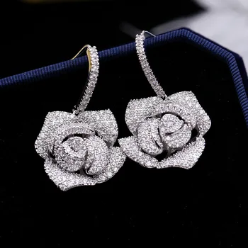 Bilincolor de moda fierbinte vinde argint culoare cristal flori de trandafir mare lux cercei picătură de sex feminin de nunta pentru femei în bijuterii cercei