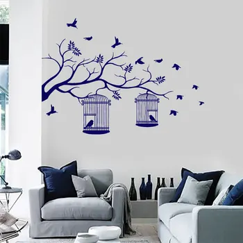Ramură De Copac Cu Cuști De Păsări Frunze De Autocolante De Perete Natura Vinil Acasă Decor Design Interior Camera De Zi Dormitor Decalcomanii De Picturi Murale 3664