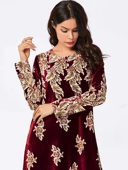 Elegant de Catifea Rochie Musulman Femei Big Swing Maxi Rochie a-line Kimono Jubah Haină Lungă de Imprimare Abaya Rochii Haine Islamice Elbise