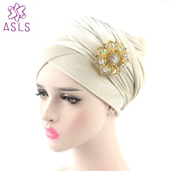 Noi de lux cu catifea moale Turban hijab Cap de Folie Extra Lungi turban de catifea indian Headwrap Cravată cu bijuterii brosa pentru femei