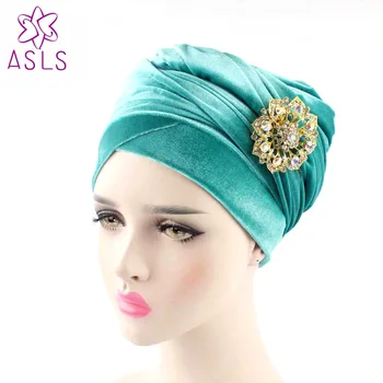Noi de lux cu catifea moale Turban hijab Cap de Folie Extra Lungi turban de catifea indian Headwrap Cravată cu bijuterii brosa pentru femei