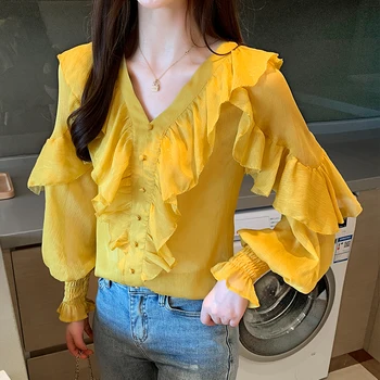 2021 Toamna Moda Femei Șifon Bluze cu Maneca Lunga Zburli Femei Topuri Casual V-neck Printed Galben Roz Femei de Îmbrăcăminte, 6290 50