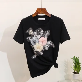 Femei Casual de Vara Costume de Broderie Flori 3D Print T Shirt + Blugi 2 Seturi de Piese