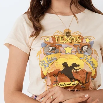 VIP HJN Texas Blue Moon Boho Retro Print T-shirt Femei de Top de Vară Teuri Tigan Doamnelor de Epocă Cowboy Topuri tricouri