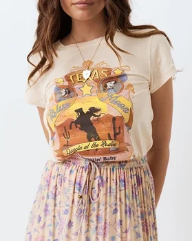 VIP HJN Texas Blue Moon Boho Retro Print T-shirt Femei de Top de Vară Teuri Tigan Doamnelor de Epocă Cowboy Topuri tricouri