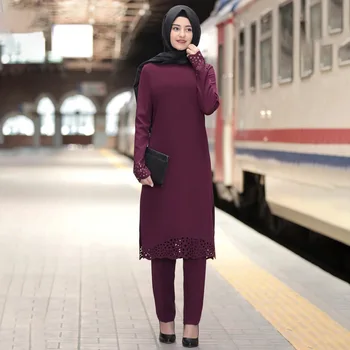 WEPBEL Femeile Musulmane 2 Bucata Set Haine Arabe Dubai Ramadan Islamic Haine cu Maneci Lungi Solid Halat de Două Bucata Set Top si Pantaloni