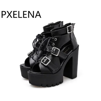 PXELENA Sandale Gladiator Femei Vintage Roma Catarama Punk Rock Gotic Indesata Bloc Pătrat Super High Heel Sandal 2019 Pantof de Vară