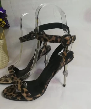 De lux Bijuterii Craniu de Metal Sandale cu Toc Femei Glezna Strappy Leopard-O curea de Forat Stras Toc Pista de Pantofi de Femeie
