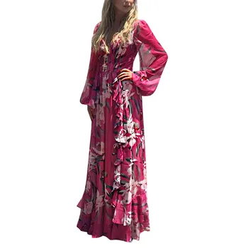 Toamna Noi Femeile De Moda Boem Florale Imprimate V Gatului Maneca Lunga Cutat Șifon Dress Cu Ridicata Gratuit Nava Z4