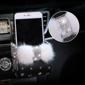 Cristal de diamant Bowknot Auto Portabil Cutie de Depozitare Sac de blană de Nurcă Auto Vent Mount Titularului Cosmetice Caz Universal Telefon Mobil Sac