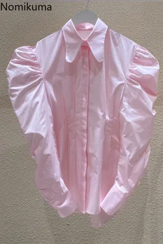 Nomikuma coreean Chic Roz Bluza Femei Rândul său, în Jos Guler Singur Pieptul Puff Maneca Tricouri Femeie de Moda Noua Blusas Mujer 3e059
