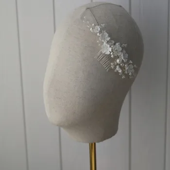 Din Portelan Alb Cu Flori De Mireasa Pieptene Parul Bucată Perle Bijuterii De Nunta Handmade Femei Caciula Ornament De Par