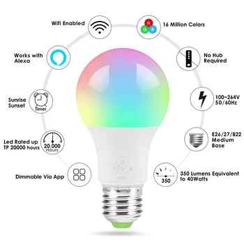 Timethinker WiFi Inteligent de Lumină RGBW E27 Bec Lampă cu LED-uri Multicolore Estompat 6.5 W/4.5 W Lumini Compatibil cu Alexa Google Asistent