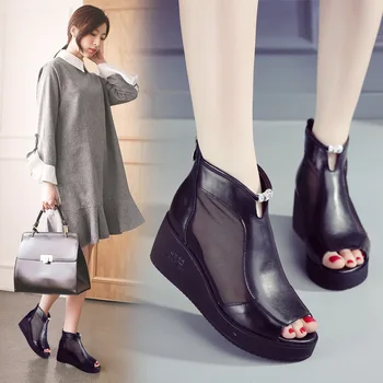 GKTINOO Vara Femei Sandale din Piele Pene cu Toc Platforma Gol Peep Toe Feminin Doamnelor Pantofi de Zapatos De Mujer
