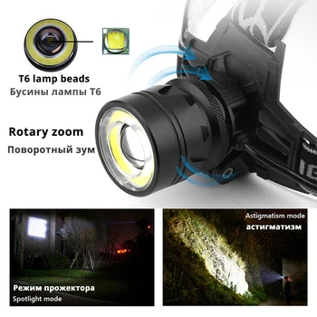 Super bright LED far 4 modul de lumină T6 + COB faruri impermeabil rotativ zoom pescuit camping faruri folosi 2*18650 baterie