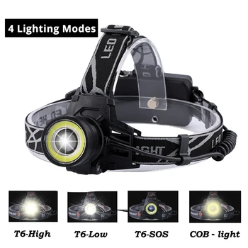 Super bright LED far 4 modul de lumină T6 + COB faruri impermeabil rotativ zoom pescuit camping faruri folosi 2*18650 baterie