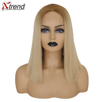 Xtrend Drept Sintetice Dantelă în Fața peruca Middel Parte Negru Blond Culoare 14 Inch Bob Peruci Pentru Femeile de culoare Ombre Peruca