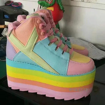 Rainbow tv cu platforma cusual pantofi femei cu fund gros rotund toe dantela-up Bomboane de Culoare înălțime creștere mare sus pantofi pentru fete