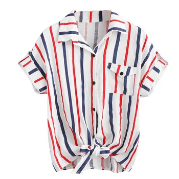 Moda Cu Dungi De Imprimare Bluza Cu Nasturi De Cămașă Bandaj V-Gât Topuri Casual De Vara Doamnelor Femei Maneci Scurte Pulover Blusas