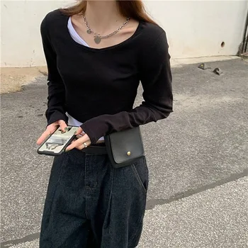 Mânecă lungă T-shirt Femei Fals Două Piese Trunchiate Topuri Streetwear Slim de zi cu Zi Stil coreean Ulzzang Chic Teuri de sex Feminin Design Cald