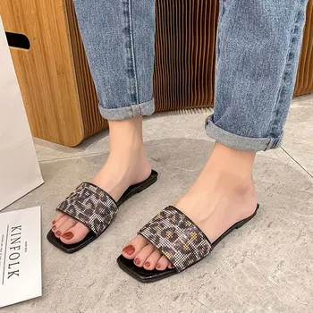 Femei Papuci Bling Cristal Fahsion Square Toe Pantofi pentru Femeie Sandale Casual pentru Femei Balerini Office Pantofi de Vară 2021 Feminin Diapozitive